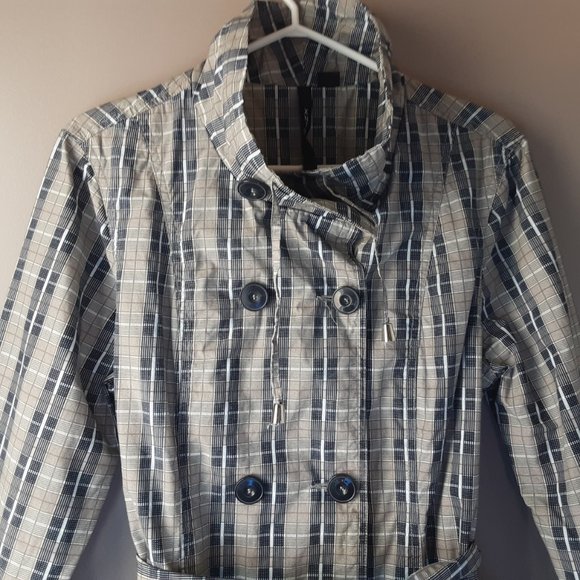 XNTRIK Cotton Short Trench | Taupe & Blue Plaid, L - Picture 2 of 15